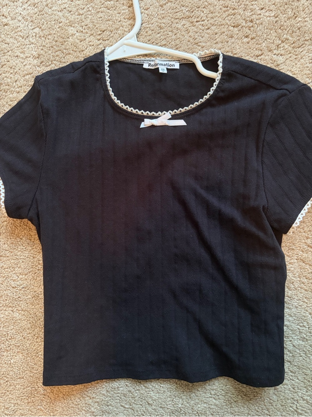 Reformation Black Short-Sleeve Ribbed Tee with Cream Lace Trim
